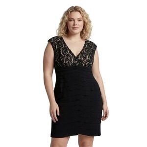 Jones & Co Womens Black Lace V-Neck Tiered Ruffle Sheath Cocktail Dress Size 16